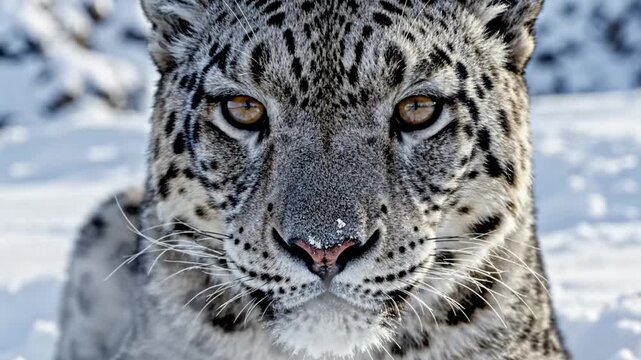 Snow Leopard Face Portrait in Snowy Winter Landscape