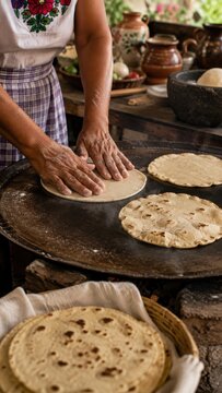 Hands making flatbread on a rustic kitchen griddle