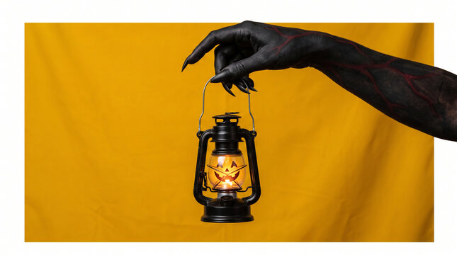Spooky black monster hand holding vintage Halloween lantern, creepy demon claw with oil lamp, gothic holiday concept isolated on White Background