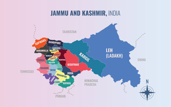 Jammu and Kashmir India State into District in a minimalist colorful style map showing