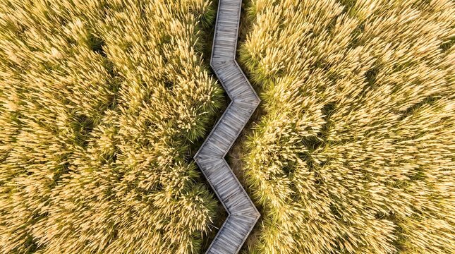 Drone landscape of zigzag walking trail in autumn marsh grass, concept of choosing a path