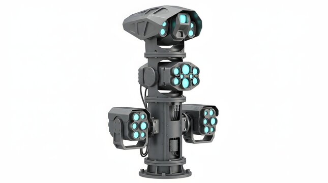 Military Drone with Multiple Cameras and Sensors in Gray Metallic Finish on White Background