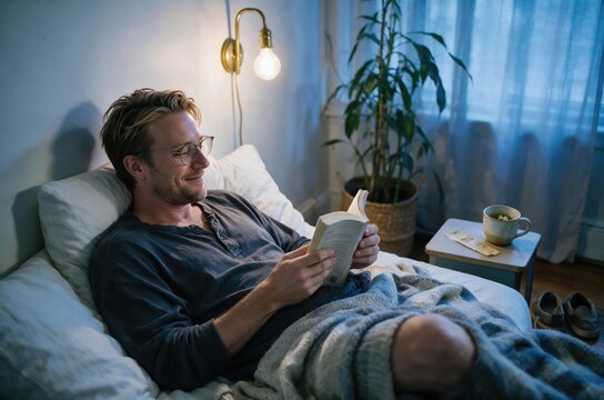 Generative AI, Man reading book relaxing in cozy bed under warm lamp light