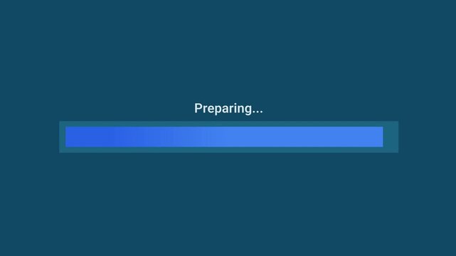 Animated motion graphics showing a blue progress bar labeled "Preparing..." filling up over a dark blue background. Represents an initial setup stage, file preparation, system initialization,