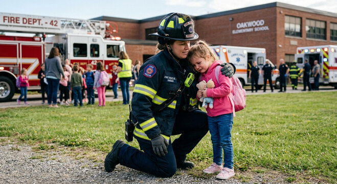 Female Firefighter Comforting Crying Little Girl During School Emergency Scene
