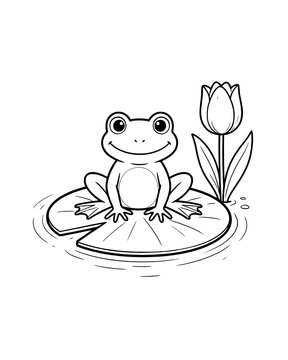 Cute cartoon frog sitting on lily pad next to tulip flower coloring page with line art black and white background illustration children activity