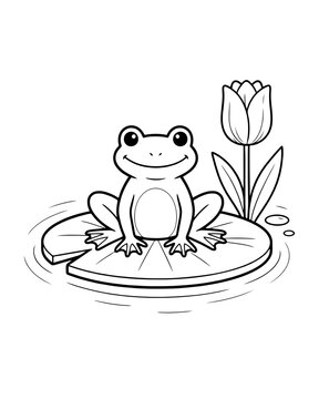 Cute cartoon frog sitting on lily pad with tulip flower line art coloring page black and white background illustration children activity education