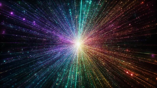 Colorful radial light burst with streaks and particles converging at center