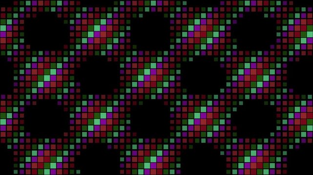 Looping pattern of colorful pixelated blocks forming a digital mosaic background.