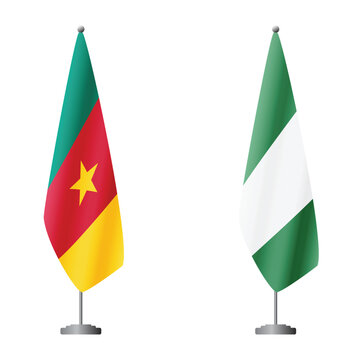 Cameroon and Nigeria flags on flagpoles for official ceremonies and meetings, transparent background vector