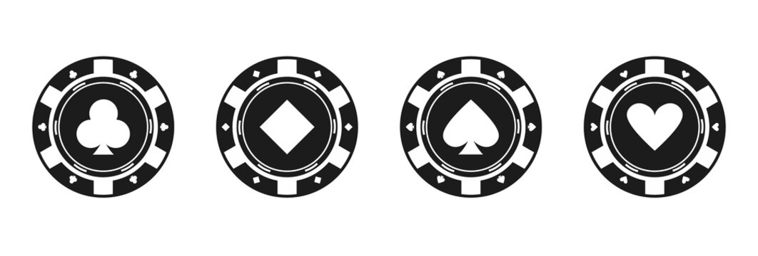 Casino poker chip collection with club, diamond, spade and heart suit symbols in bold black and white gambling themed style