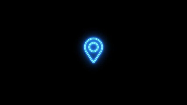 Blue Neon Location Pin Animation Glowing GPS Map Marker Geolocation Icon On Black Background Futuristic Digital Navigation Technology Motion Graphics 4K Video