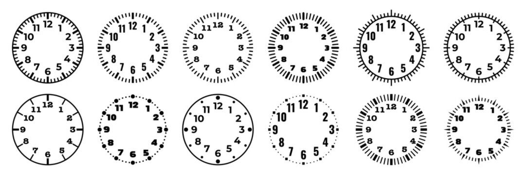 Analog clock face collection with black numbers, minute marks and varied circular dial designs for time, watch and timer concepts