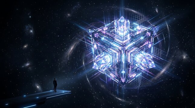 Man standing on floating platform looking at a giant glowing crystalline cube in deep space representing technological transcendence and cosmic discovery