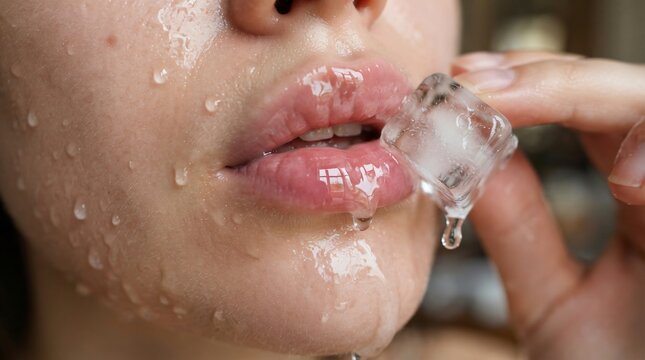 A young person experiences the refreshing sensation of cold water droplets running down their chin while pressing a frozen cube against their dry lips during a very hot summer afternoon outdoor