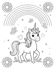 Naklejka premium Cute unicorn standing under a rainbow with flowers and butterflies black and white coloring page line art kids activity mythical creature fairy tale