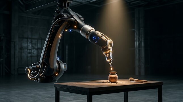 High precision robotic arm carving wooden vase on workshop table with soft warm spotlight in dark industrial environment for advanced craftsmanship concept 3D render