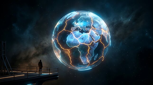 Man standing on futuristic observation platform looking at massive glowing cracked Earth planet hovering in dark space with neural network connections 3D render