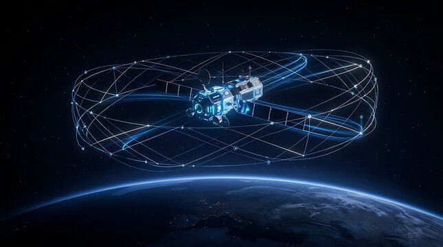 Advanced communication satellite orbiting Earth with complex glowing digital mesh network connectivity lines in deep space environment 3D render