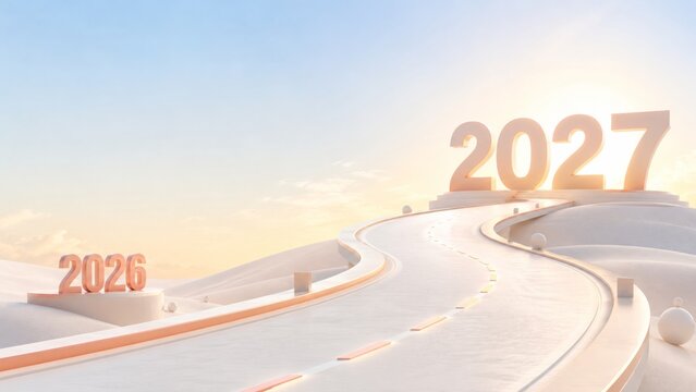 Transition from 2026 to 2027 on a futuristic road, symbolizing new year