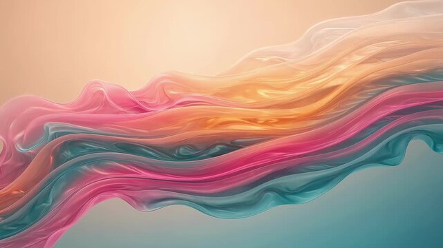 Abstract flowing pink, teal, and amber waves sweep across a warm peach background, evoking motion, elegance, and fluidity