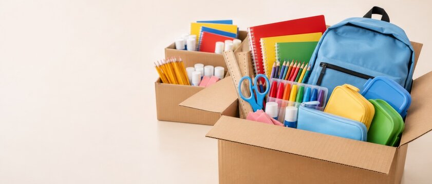 Back to school donation supplies in cardboard boxes as charity concept