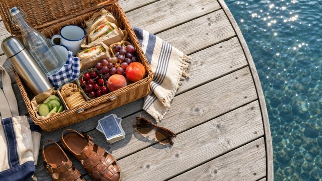 Picnic basket with sandwiches, fruits, and water on a wooden deck by a lake