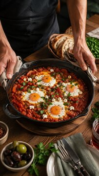 Skillet shakshuka with eggs on a rustic wooden table