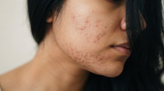 Close up of a young woman face showing a common skin problem like acne and blemishes