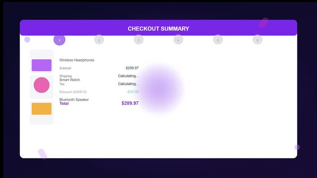 Digital Checkout Summary Interface Showing Wireless Headphones, Smart Watch, and Speaker