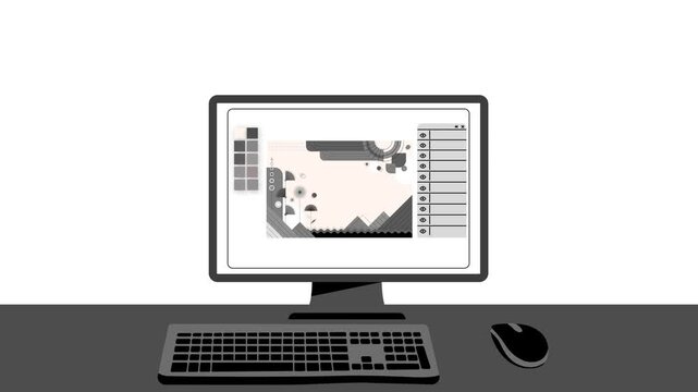 Graphic designer workstation screen displaying creative motion animation project tools with modern minimalist artistic composition and professional digital interface software elements