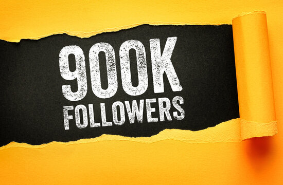 900K FOLLOWERS text on a torn paper design. Bold grunge typography is revealed beneath a ripped surface, symbolizing social media growth, milestone celebration, audience reach, and success