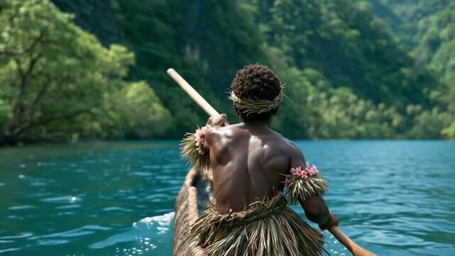 Rear tracking shot of a man paddling a small wooden canoe across a peaceful blue lake. He slowly raises and moves. Ai generated