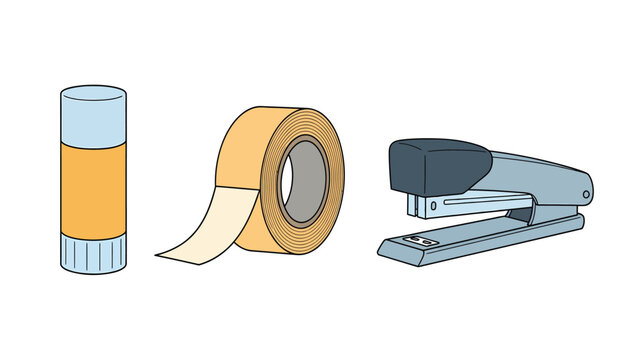 A glue stick, a roll of tape, and a stapler are isolated on a white background.