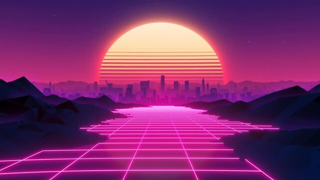 Tracking shot moving along neon grid toward oversized striped sun over distant city skyline and low polygon mountains in retro futuristic landscape