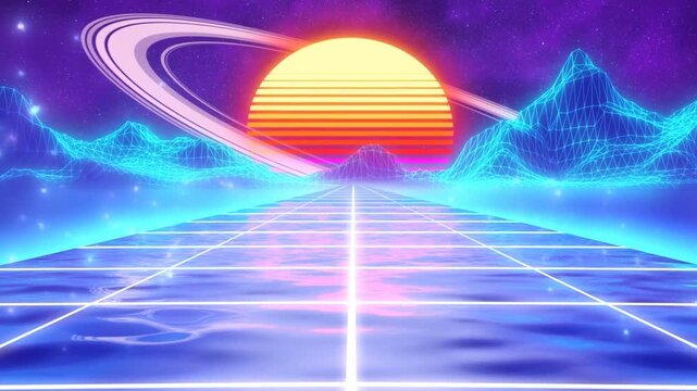 Tracking shot neon grid road leading toward ringed sun and wireframe mountains in retro synthwave landscape