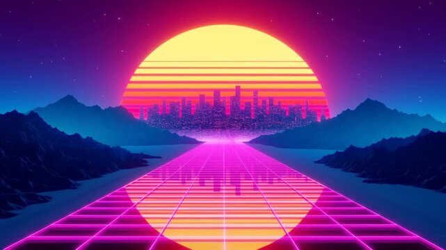 Tracking shot neon grid road leading toward oversized retro sun and distant city skyline between silhouetted mountains in synth wave landscape