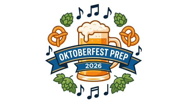 Circular emblem for Oktoberfest Prep 2026 with beer, hops, pretzels, and music notes.