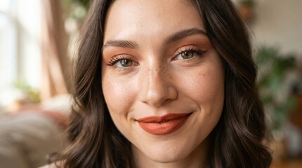 Obraz premium A vibrant young woman with brown wavy hair and freckles smiles warmly while wearing terracotta lipstick during a relaxing afternoon gathering inside her home where natural daylight enhances her