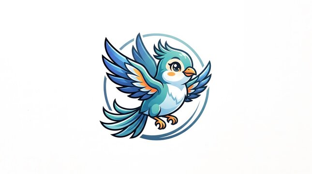 Cute cartoon blue bird mascot illustration flying with open wings, isolated on a white background