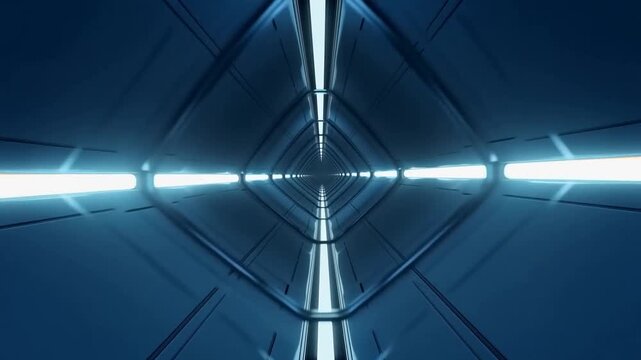 Tracking shot gliding through illuminated metallic tunnel interior with central light strip and symmetrical reflections
