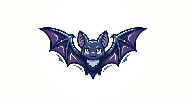 Cute cartoon bat mascot illustration with open wings in a dynamic flying pose isolated on a white background, perfect for halloween design or gaming logo.