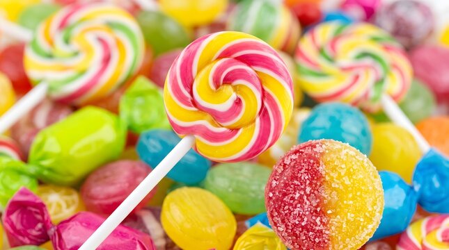 Colorful round candy assortment featuring vibrant lollipops fruit sweets.