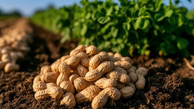 The camera slowly moves forward and slightly pans across the peanuts, revealing their detailed natural texture. Ai generated