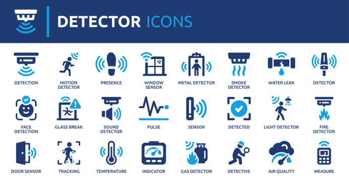 Detector icon set, containing detection, sensor, motion, smoke, security, metal, face recognition and more. Solid vector icons collection.