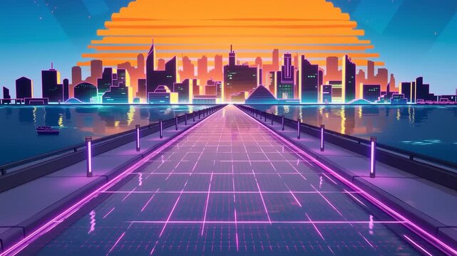 Tracking shot of neon grid pier leading toward futuristic city skyline with oversized sun reflecting on calm waterfront at dusk in retro synthwave style