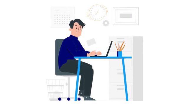Professional man typing on modern laptop computer while working in bright minimalist office space during this simple animated video clip
