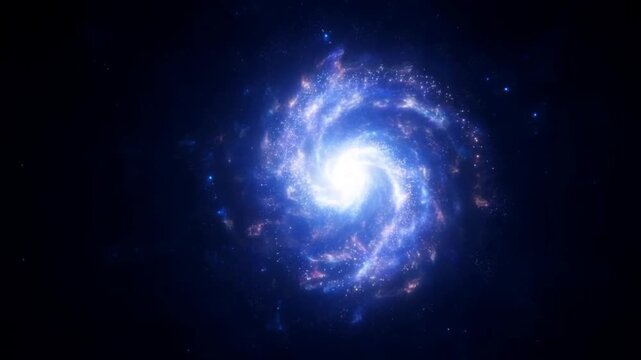 Slow motion spiral galaxy rotating with glowing blue core in deep space cosmic environment, gentle zoom revealing swirling dust and star clusters