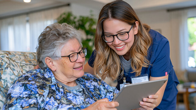 An elder care nurse leans over the shoulder of a seated elderly resident in a warmly decorated luxury care facility lounge, both reviewing a cross docking delivery schedule on a shared tablet as aft