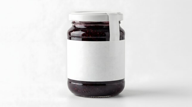 Glass jar of dark berry jam with white blank label for food branding.